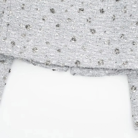 NEW SILVER METALLIC TWEED BLAZER XS  WITH SEQUINS (LOOKS LIKE ZARA) - Picture 7 of 11